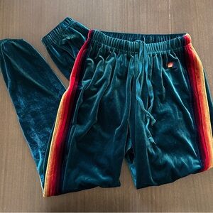 Aviator Nation Classic Teal Velvet Track Pants with Rainbow Side Stripes